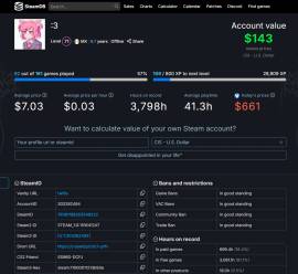 Cuenta de steam valuada en steamdb por 143 dolares y total spend 446, USD 60.00