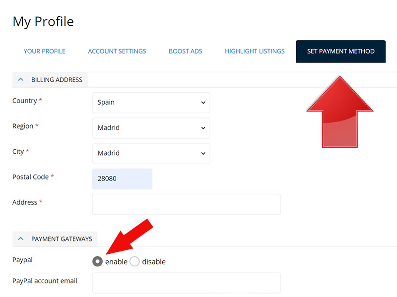 Configure payment method in Todogadget